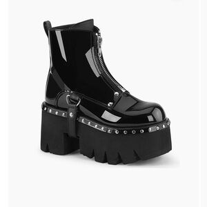 Demonia Ashes 100 Black Patent Faux Leather Combat Boots w/Silver Zipper Sz 9